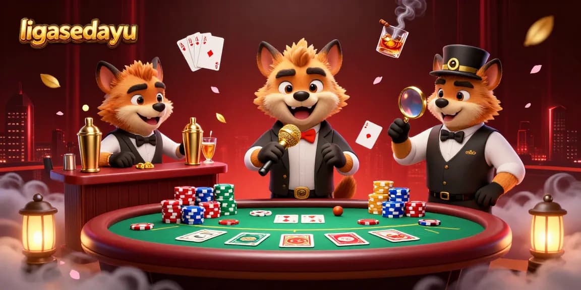 Experience the fun at ligasedayu as hyenas entertain in a vibrant casino scene with poker elements.