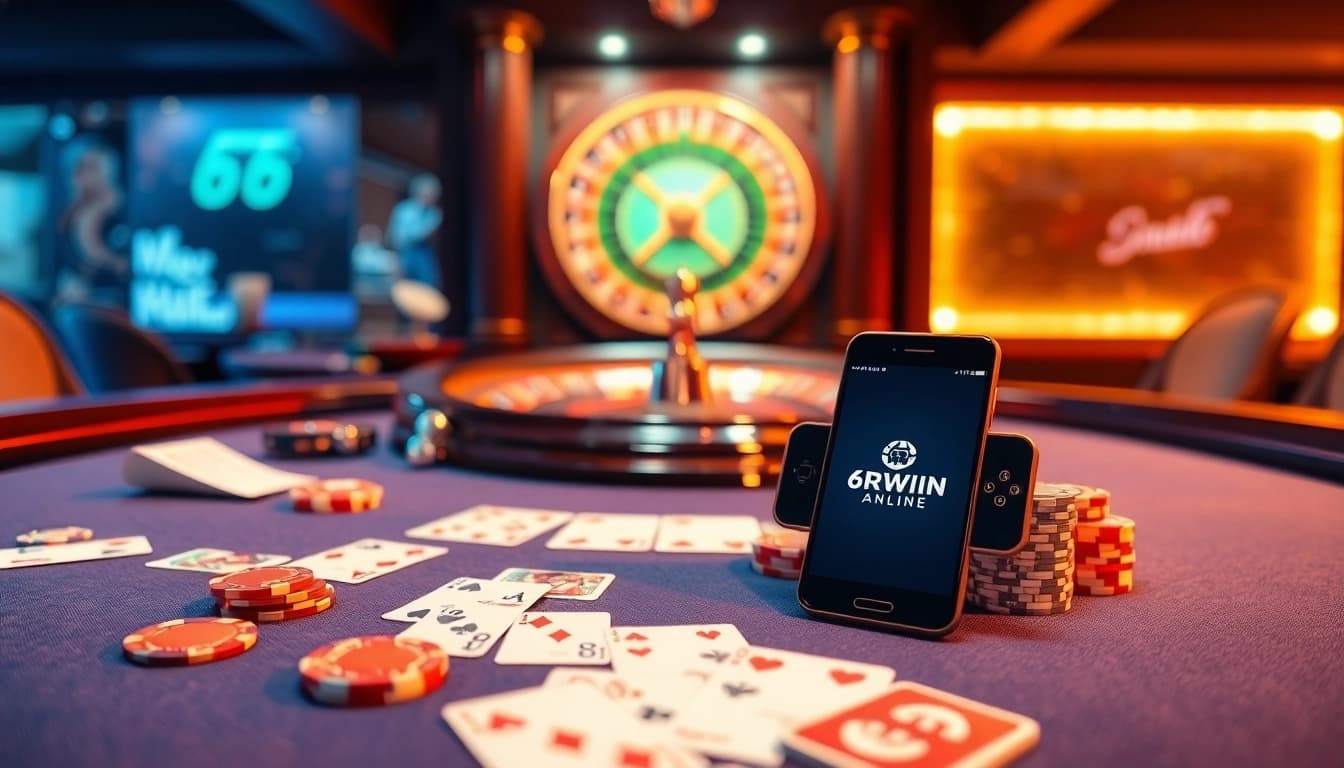 Join the excitement of 6RWIN at an elegant casino table with vibrant cards and chips.