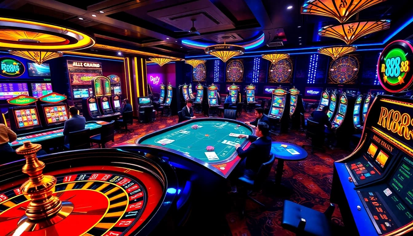 Players enjoying thrilling games at rr88's vibrant casino with roulette and slot machines.