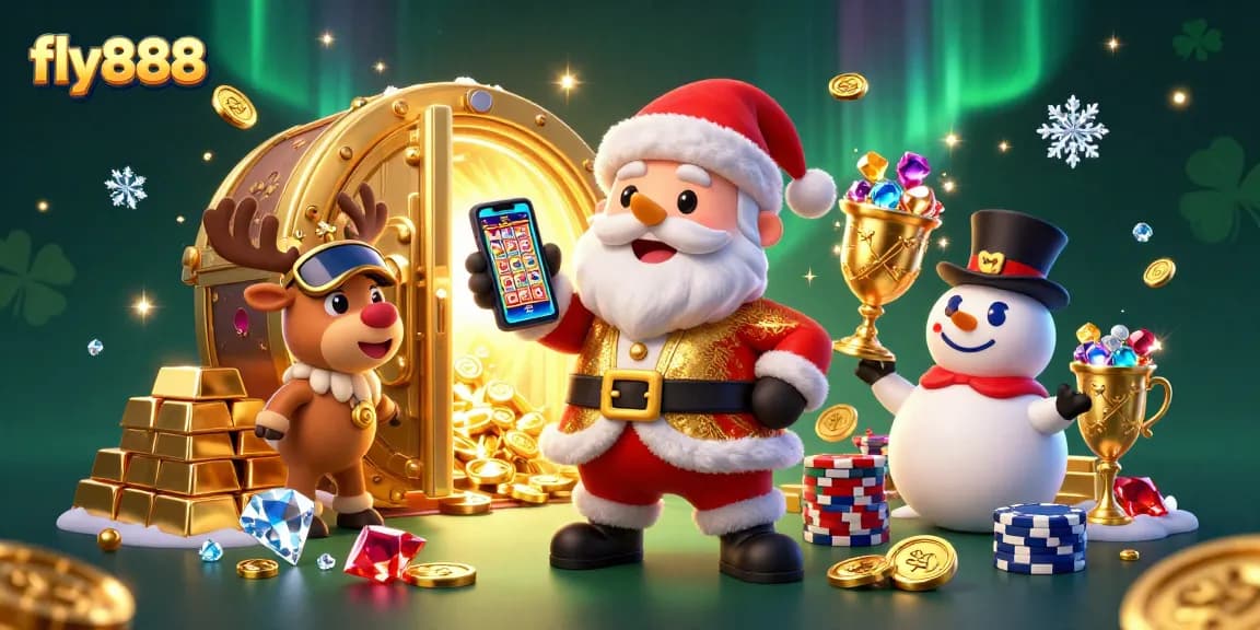 Spin the fly888 jackpot slots with Santa and a festive casino scene.