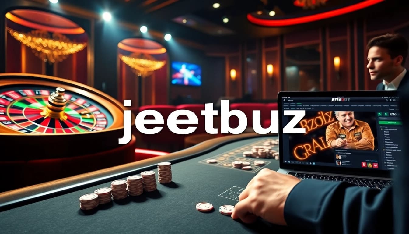 Capture the excitement of online gambling at Jeetbuzz with a roulette wheel and poker action.