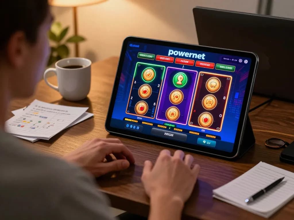 Engaging with the powernet slot game on a tablet at home, showcasing immersive online gaming.