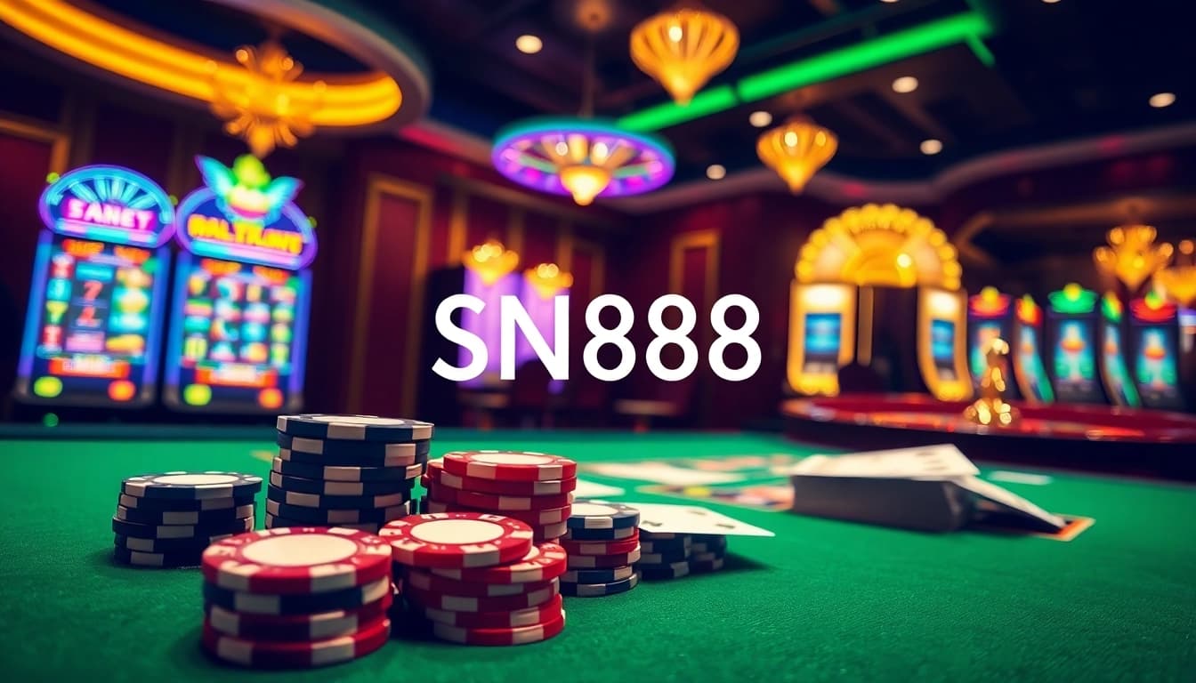Experience high-stakes gaming with SN888 at an elegant casino table, vibrant chips, and cards.