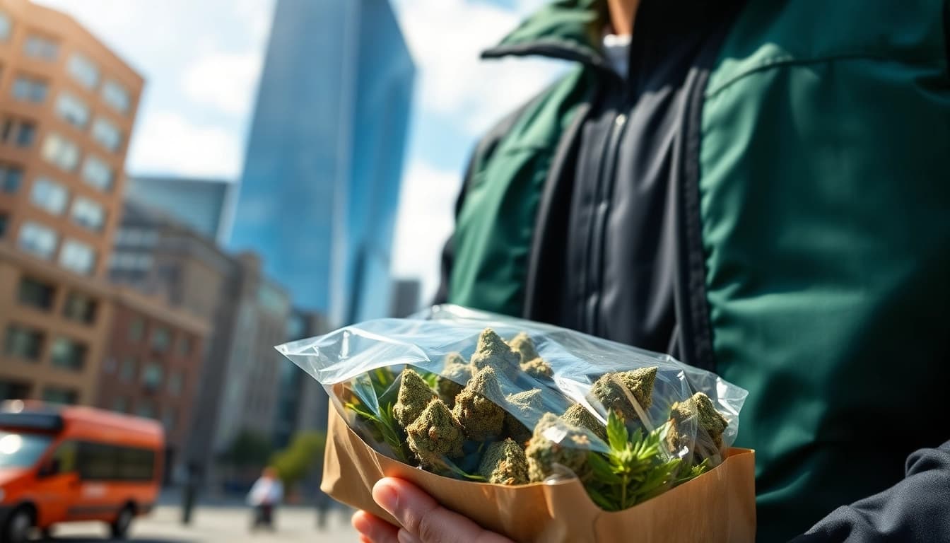Engaging bud delivery uk service depicted with fresh cannabis buds being delivered in an urban setting.