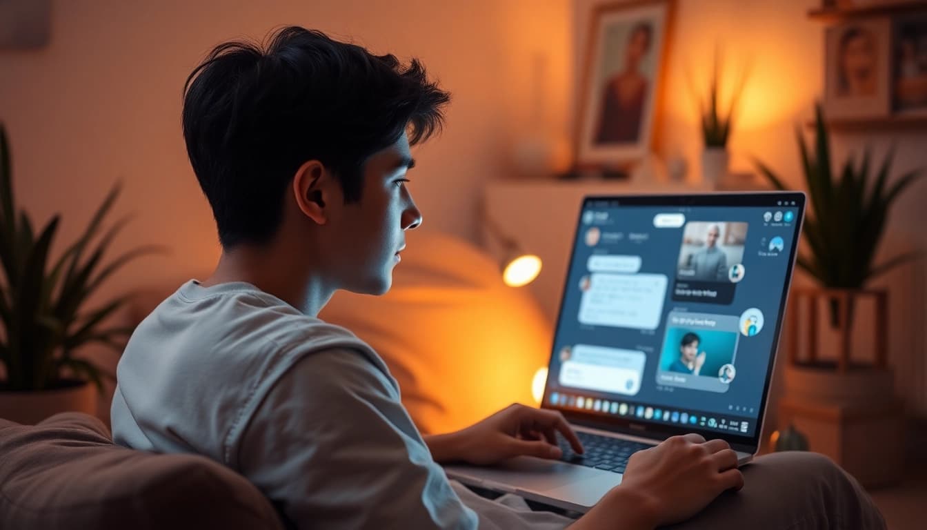 Engaging in sex ai chat with a virtual chatbot in a cozy, intimate setting.