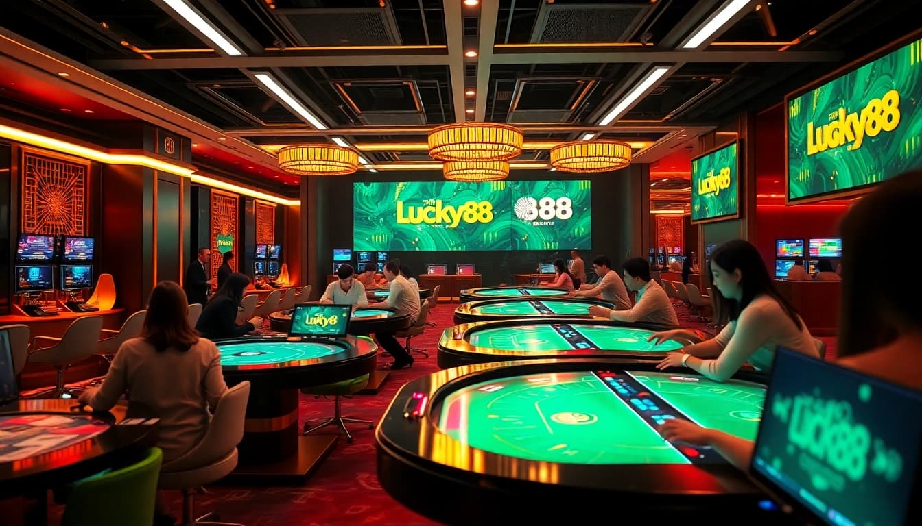 Experience the exciting world of online gambling at Lucky88, featuring vibrant gaming scenes and digital interactions.