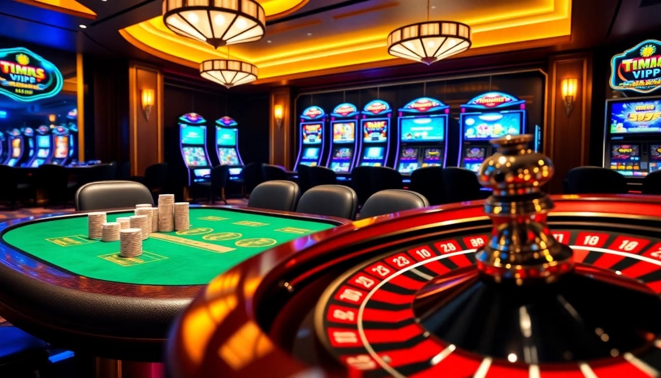 Experience thrilling gaming action at https://mm88.today/ with vibrant casino interior and poker tables.