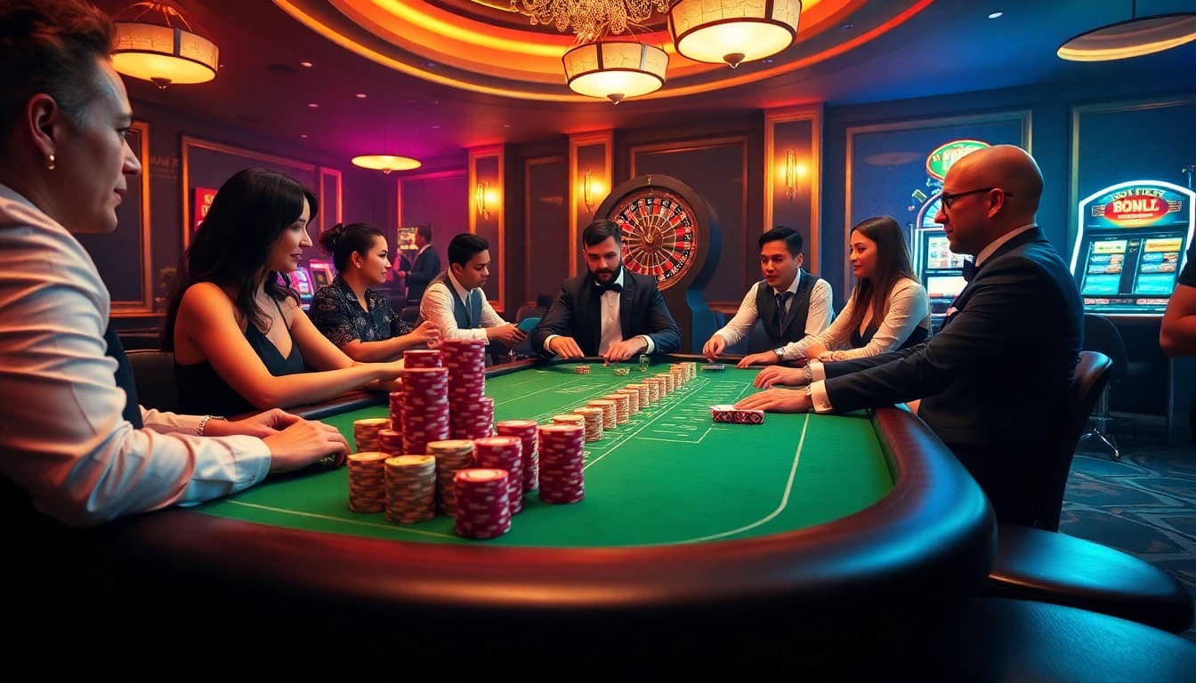 Players enjoy an exciting poker game at a BDJL-themed casino table surrounded by colorful chips.