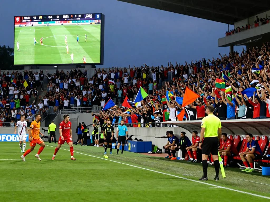 Kết quả bóng đá displayed in an electrifying football match atmosphere with fans cheering and scoreboard lighting.