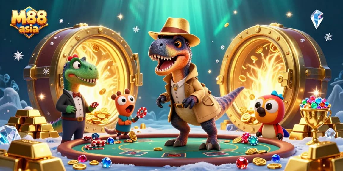 Experience the thrill of M88 asia with a colorful casino scene featuring unique characters.