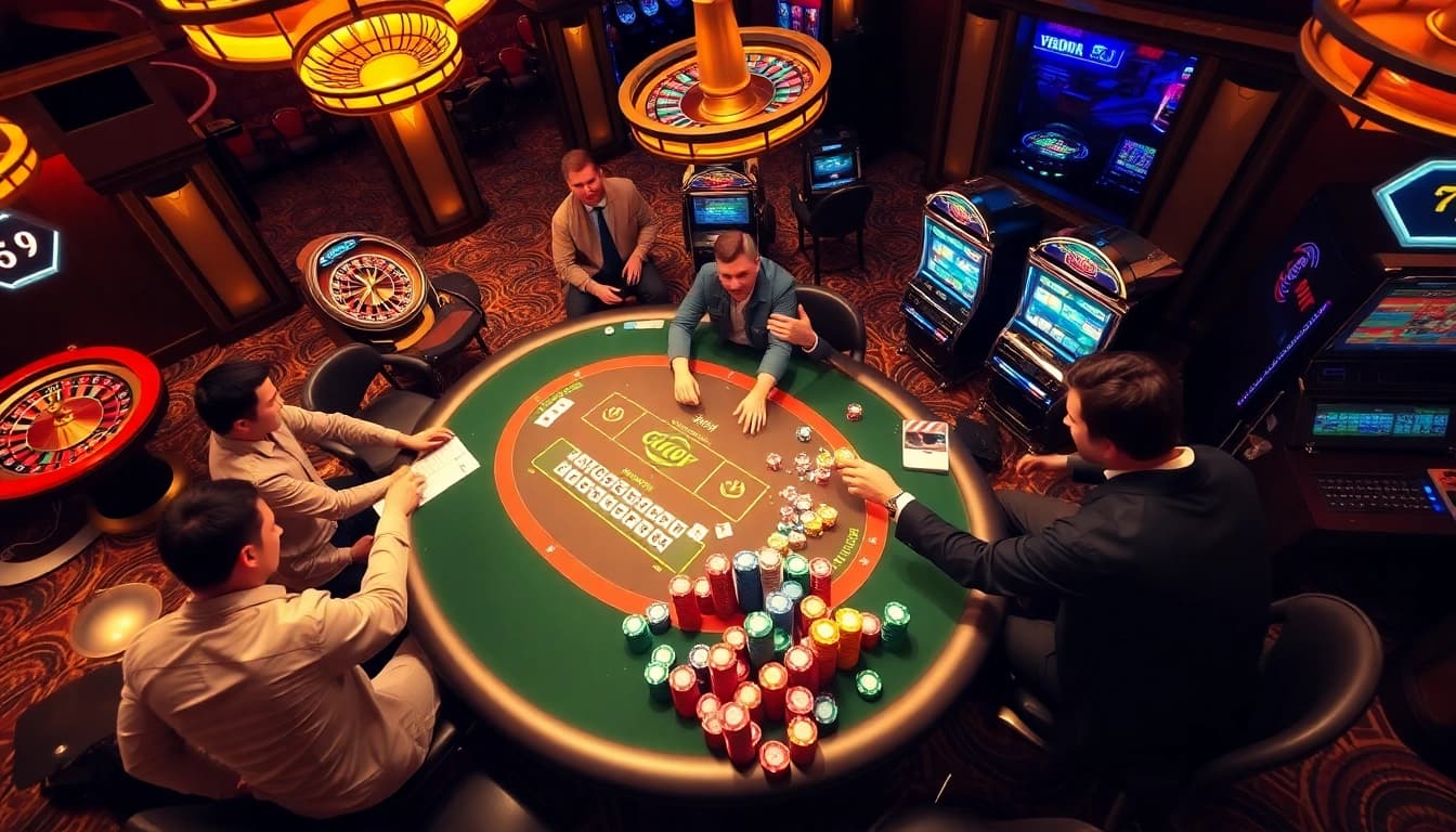 Engaged players at a vibrant poker table showcasing 79king2.sa.com casino excitement and winning moments.