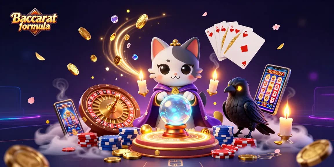 Baccarat formula art featuring a mystic cat, raven, and candle flames in a lively casino scene.