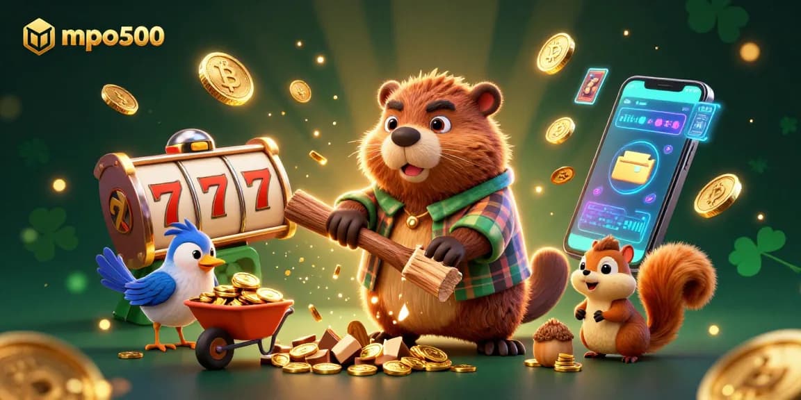 MPO500 features a lively 3D illustration of a lumberjack beaver and friends joyfully collecting golden coins while playing slot games.