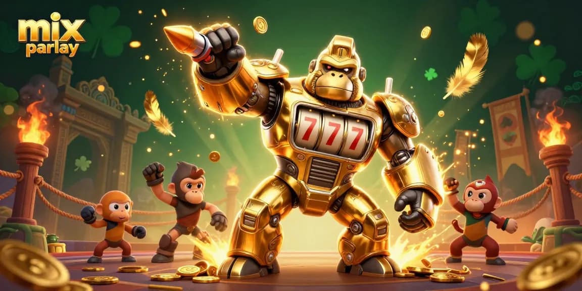 Menangkan taruhan mix parlay dengan gorila emas 3D memukau dalam arena bertarung.