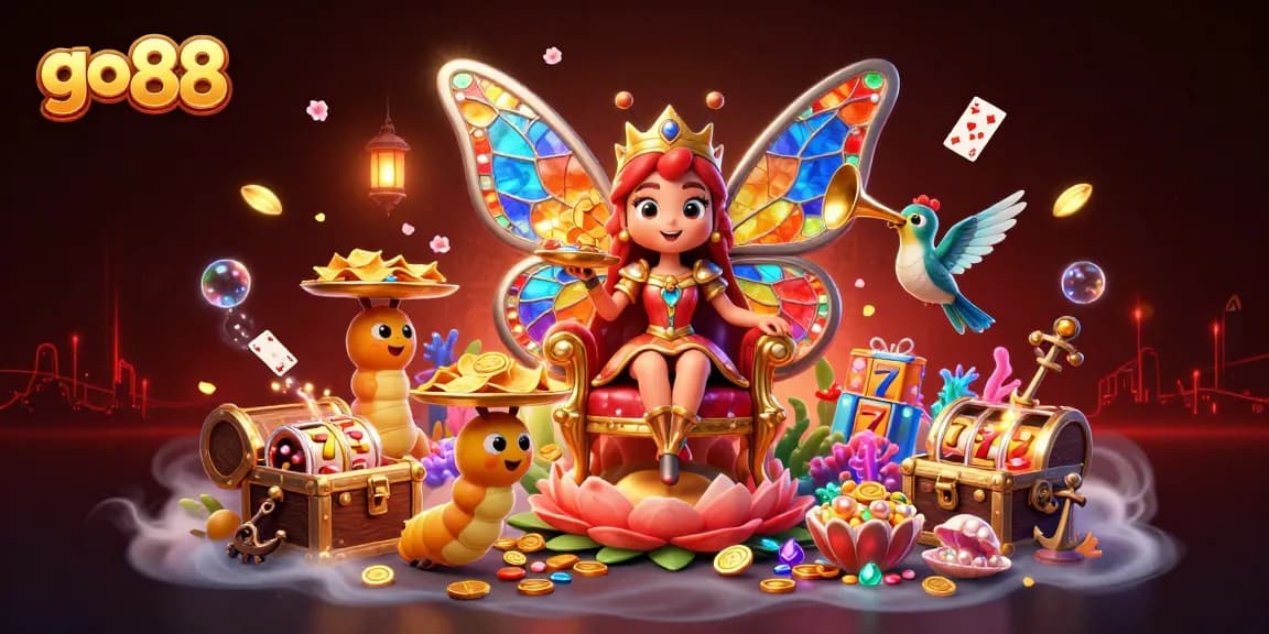 Engage with the exciting go 88 casino scene dominated by a butterfly queen amidst slot reels and treasures.