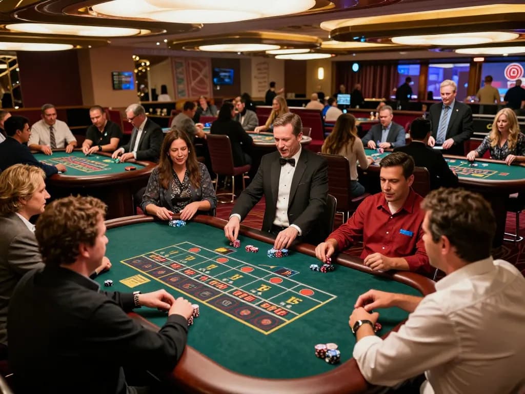 ATQ players engaging in intense gameplay at luxurious casino tables with vibrant lights.