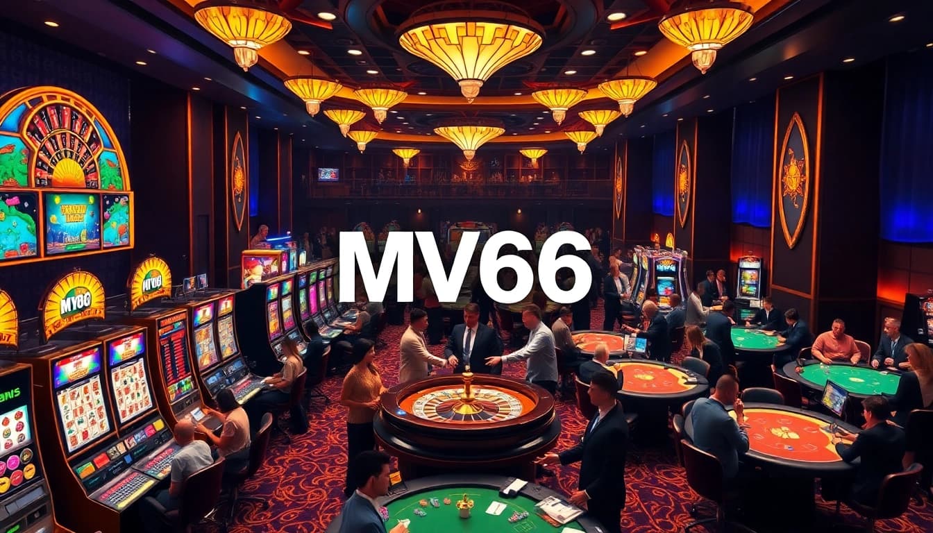 Players engaging with MV66 online casino games at luxurious tables in a vibrant casino.