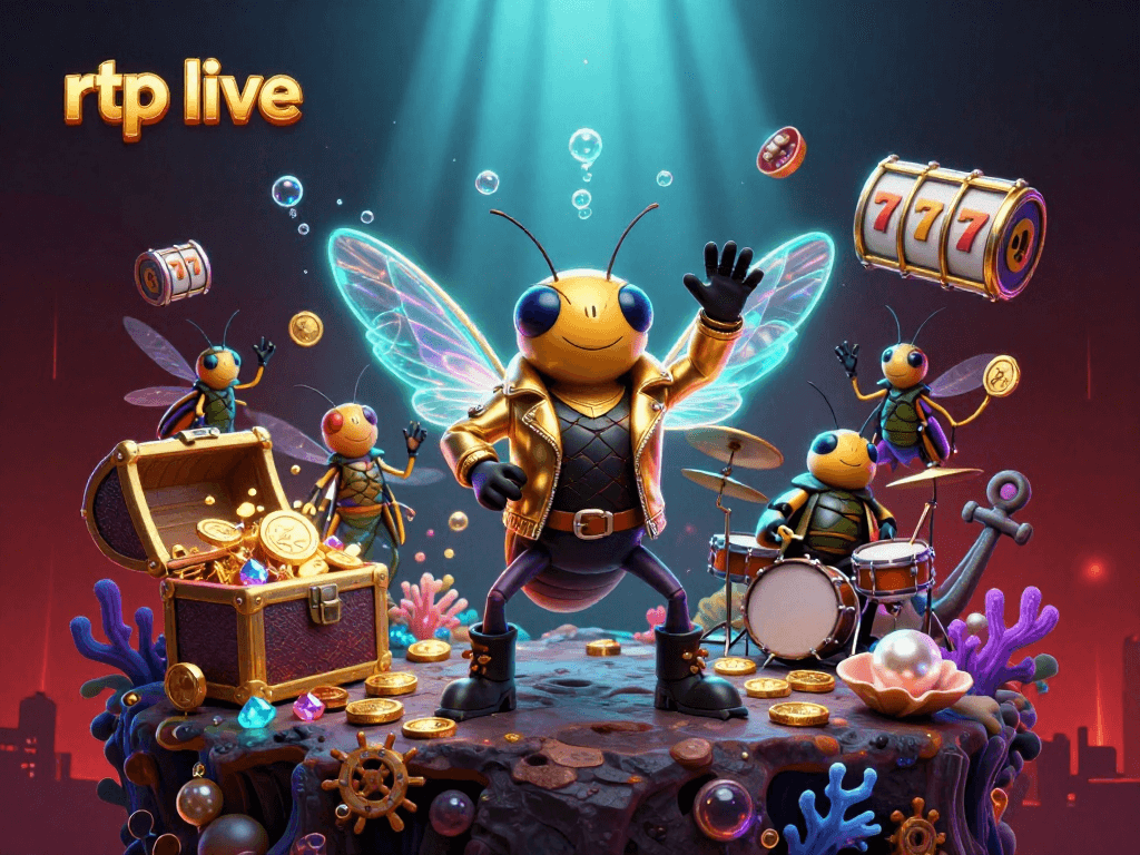 Experience the excitement of rtp live with a vibrant casino scene featuring a cicada rock star and slot machines.