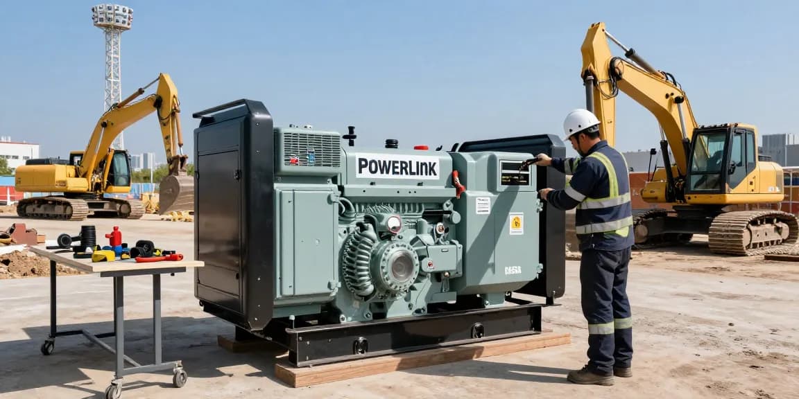 Technician maintaining a PowerLink diesel generator at an outdoor construction site.