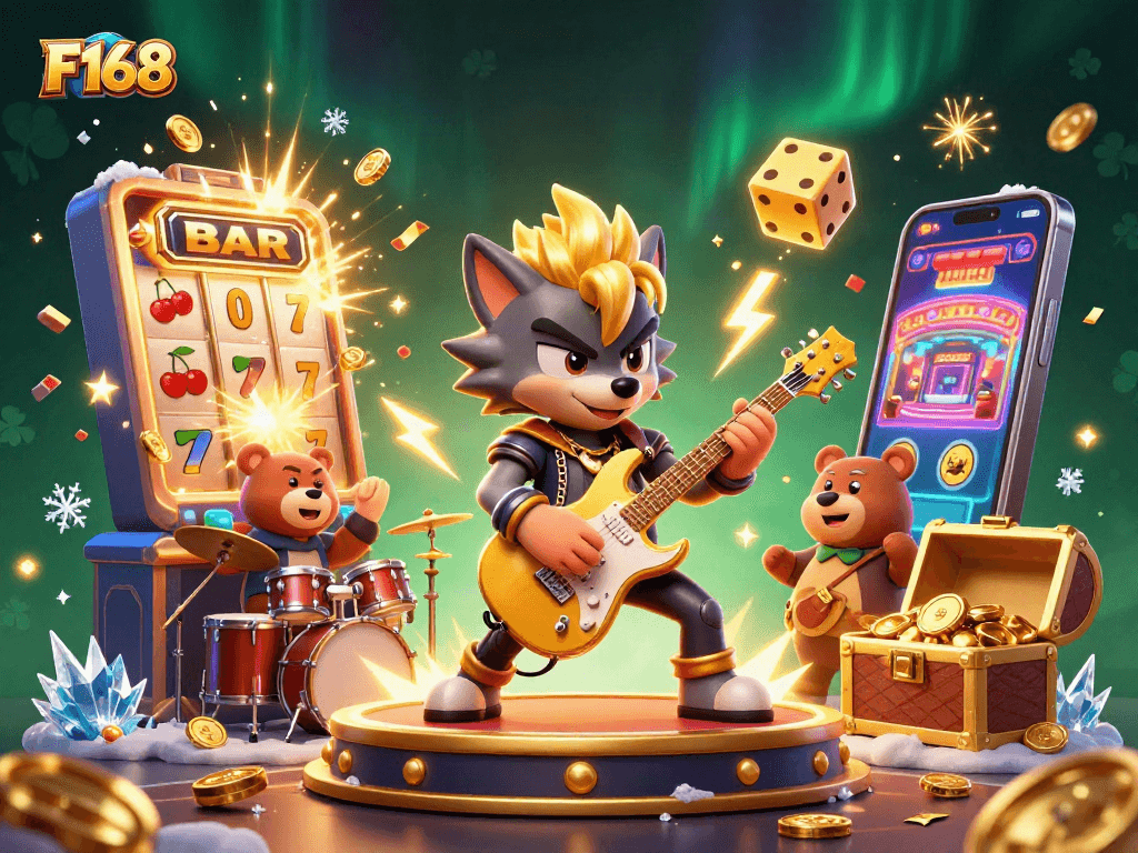 Experience F168's thrilling casino atmosphere with a vibrant 3D illustration showcasing dynamic gameplay elements.