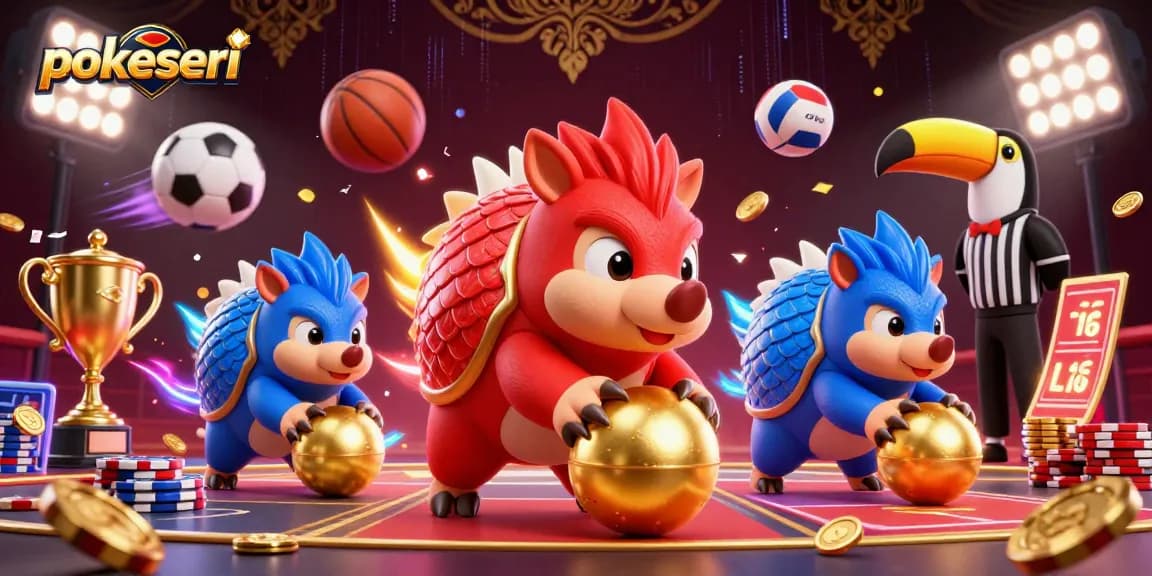Engage with pokerseri in a vibrant 3D scene featuring rival pangolins, poker chips, and dynamic sports elements.