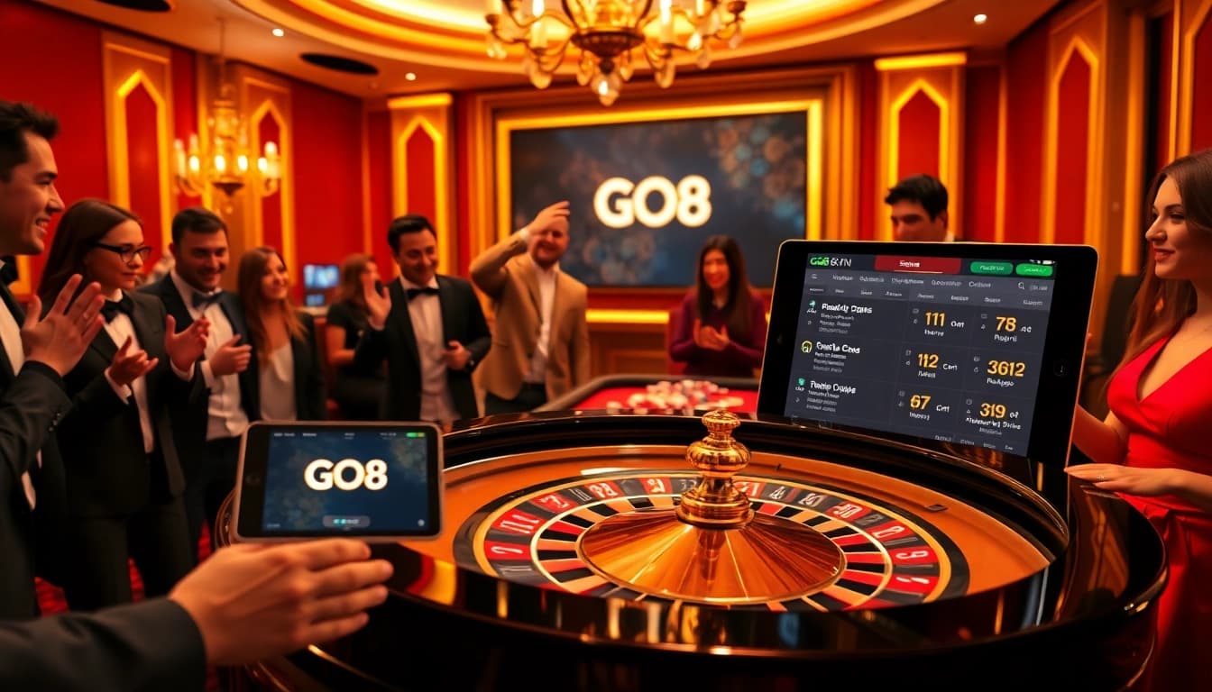 Gamblers celebrating a win at the GO8 casino, with vibrant roulette table and chips.