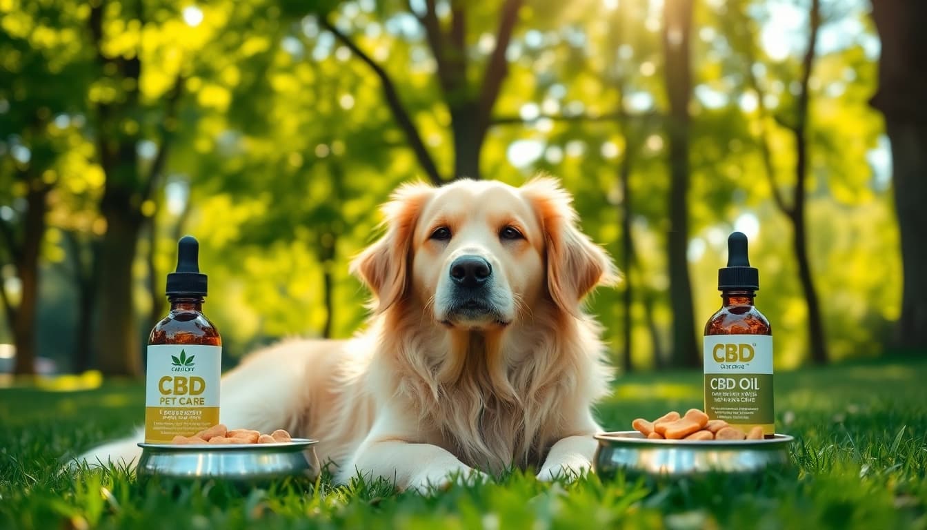 Relaxed dog in a park with CBD For Pet oil bottle, highlighting pet wellness.