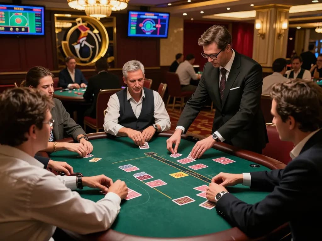 Players engaged in a blackjack game at HB88, displaying strategy and excitement in a luxurious casino setting.