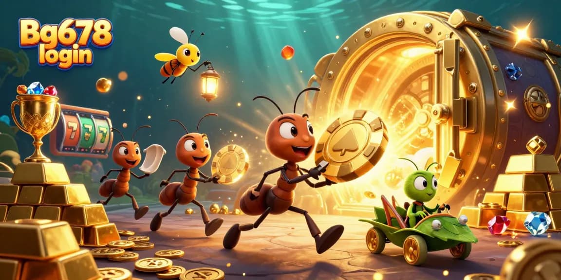 Experience Bg678 login adventure with cartoon ants in a vibrant casino heist scene