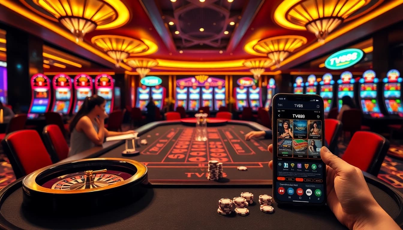 Engaged gamblers enjoying luxury gaming at TV88 casino, featuring vibrant tables and slot machines.