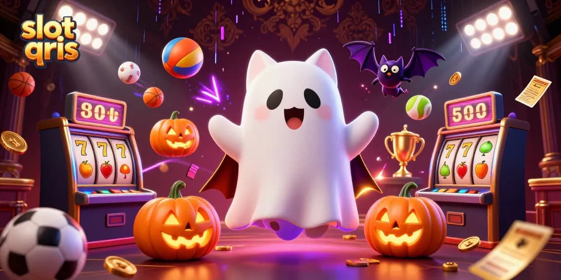 Engage in slot qris with a lively 3D ghost cat and vampire bat amidst glowing casino elements.