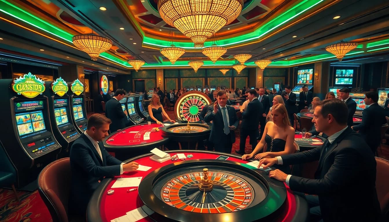 Luck8 casino scene with poker players, vibrant slot machines, and a spinning roulette wheel.