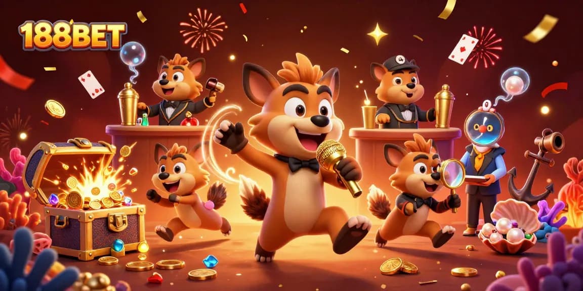 Experience the excitement at 188BET's vibrant casino with hyenas entertaining guests and treasures everywhere.