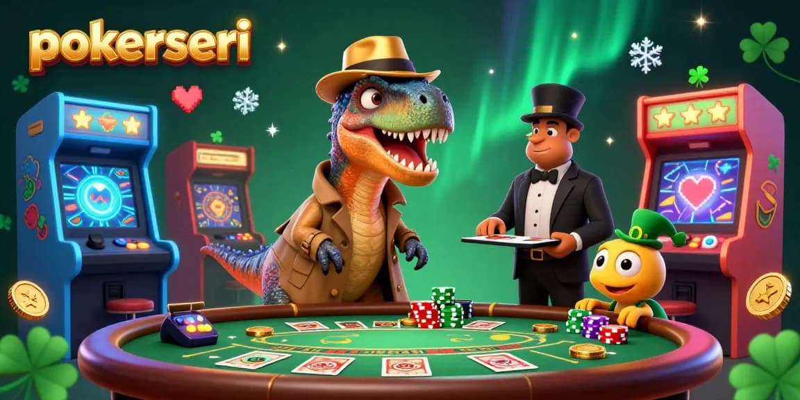 Engage with pokerseri at a vibrant blackjack table, featuring playful characters in a lively casino.