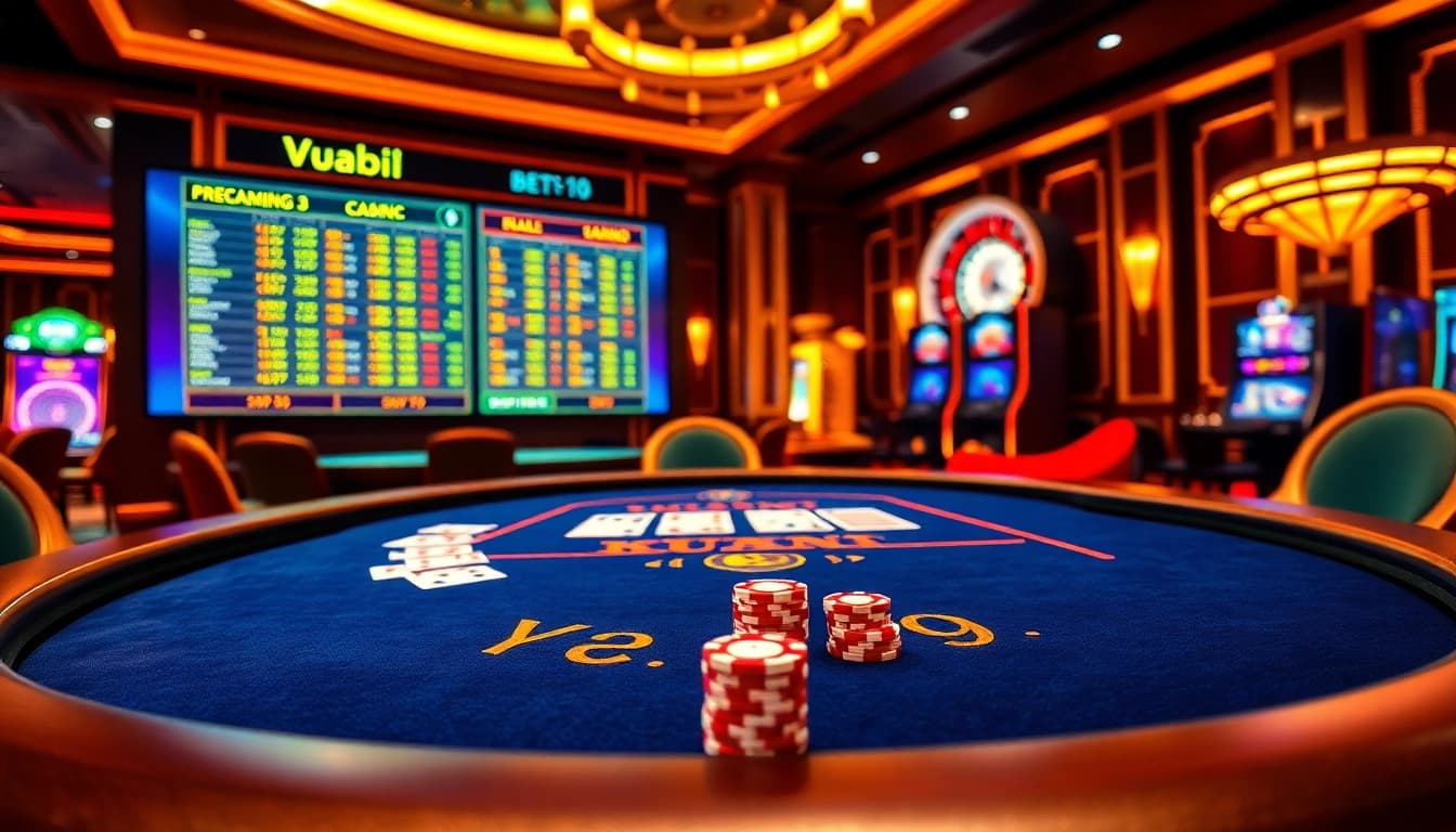 Experience the excitement of Vuabai9 with vibrant casino visuals showcasing colorful gaming tables and thrilling betting interfaces.