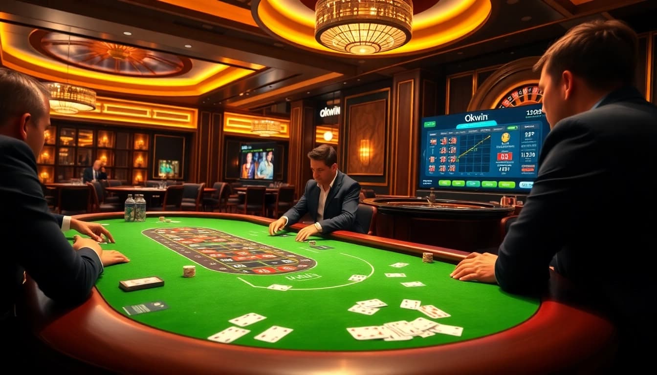 Engaging poker game scene depicting Okwin elements, vibrant atmosphere, and luxury.