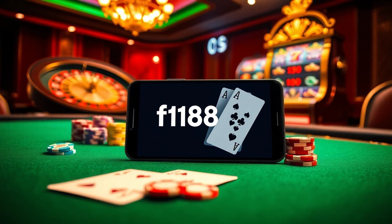 Players engage with a high-stakes poker game on the f168 platform, surrounded by vibrant casino elements.