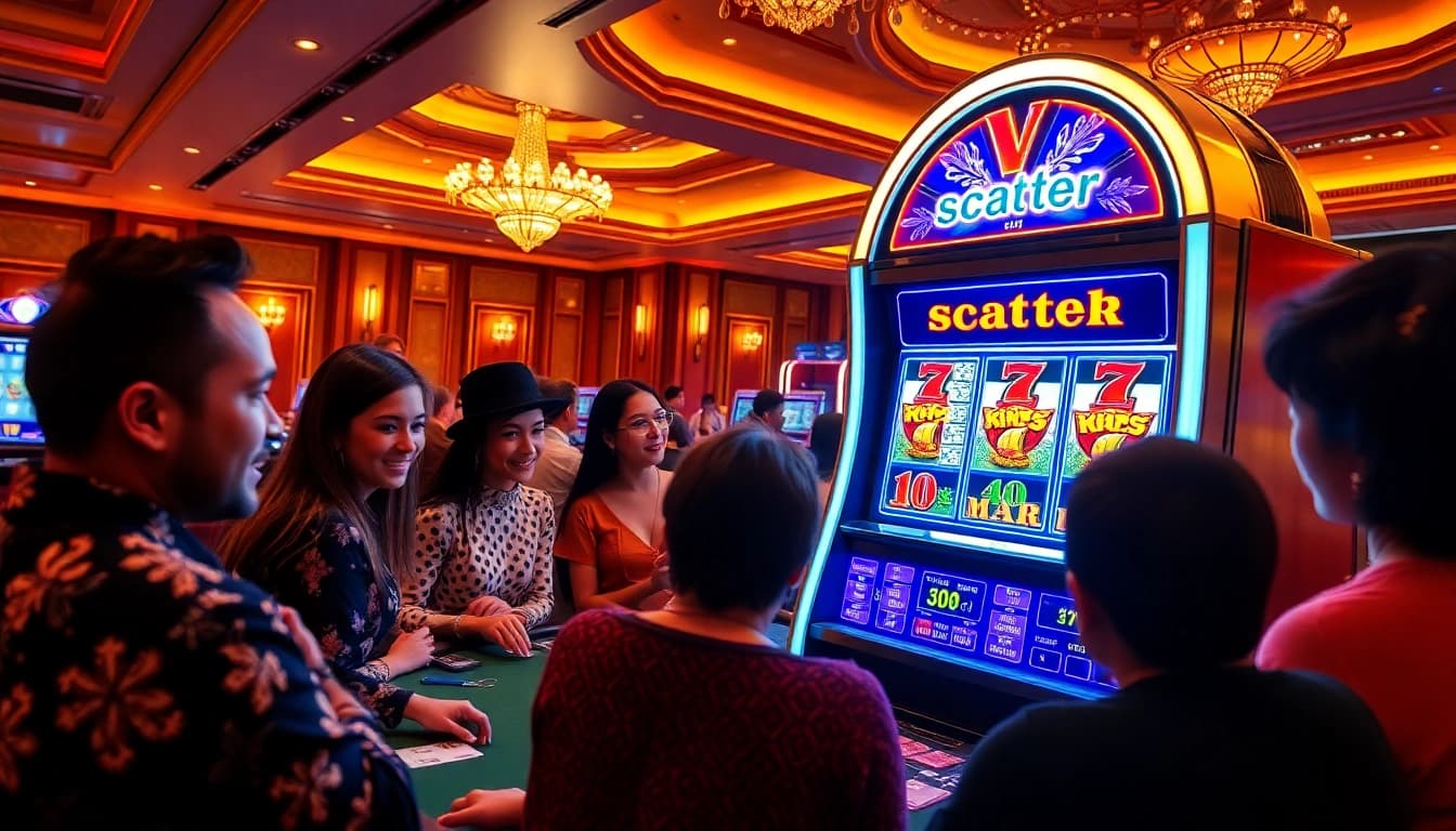 Players celebrate winning on the scatter hitam slot machine in an upscale casino environment.