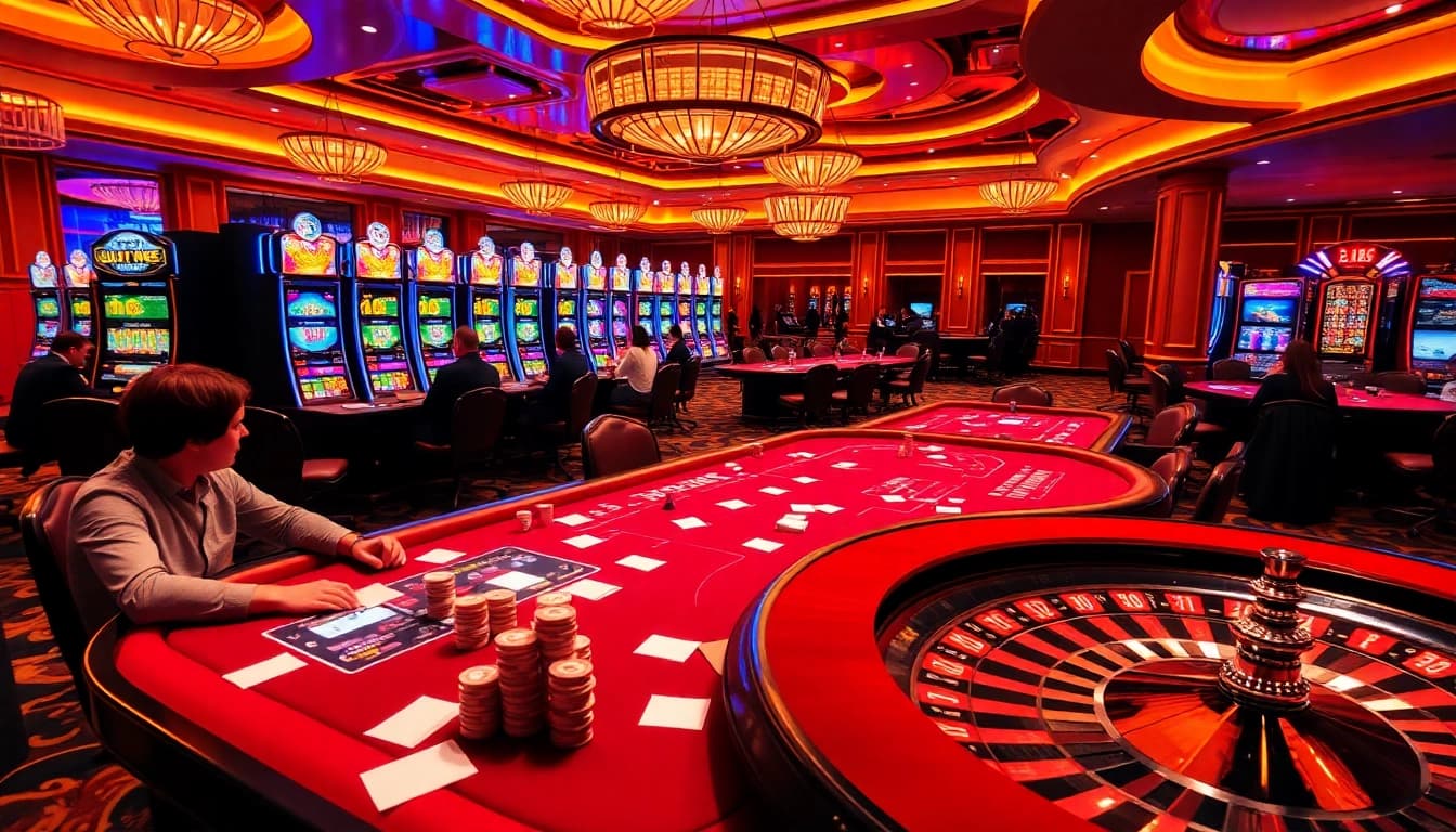 Experience the excitement of gambling with LV88's luxurious casino scene, featuring vibrant tables and engaging players.