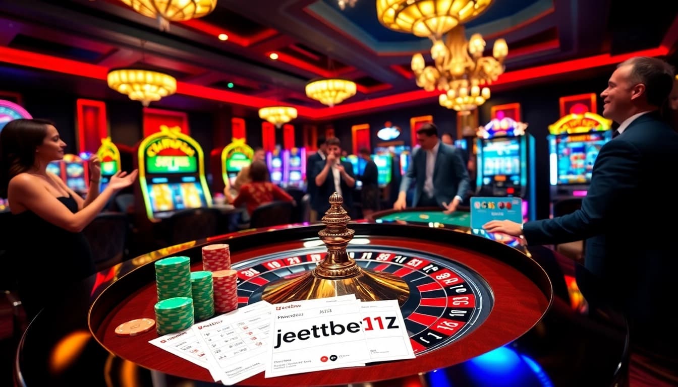 Players experiencing the thrill of gambling at jeetbuzz, featuring roulette and poker elements.