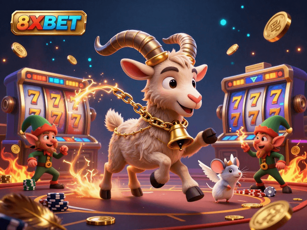 Engaging scene of 8XBET casino with Krampus goat, angel mouse, and elf gremlins creating chaos.