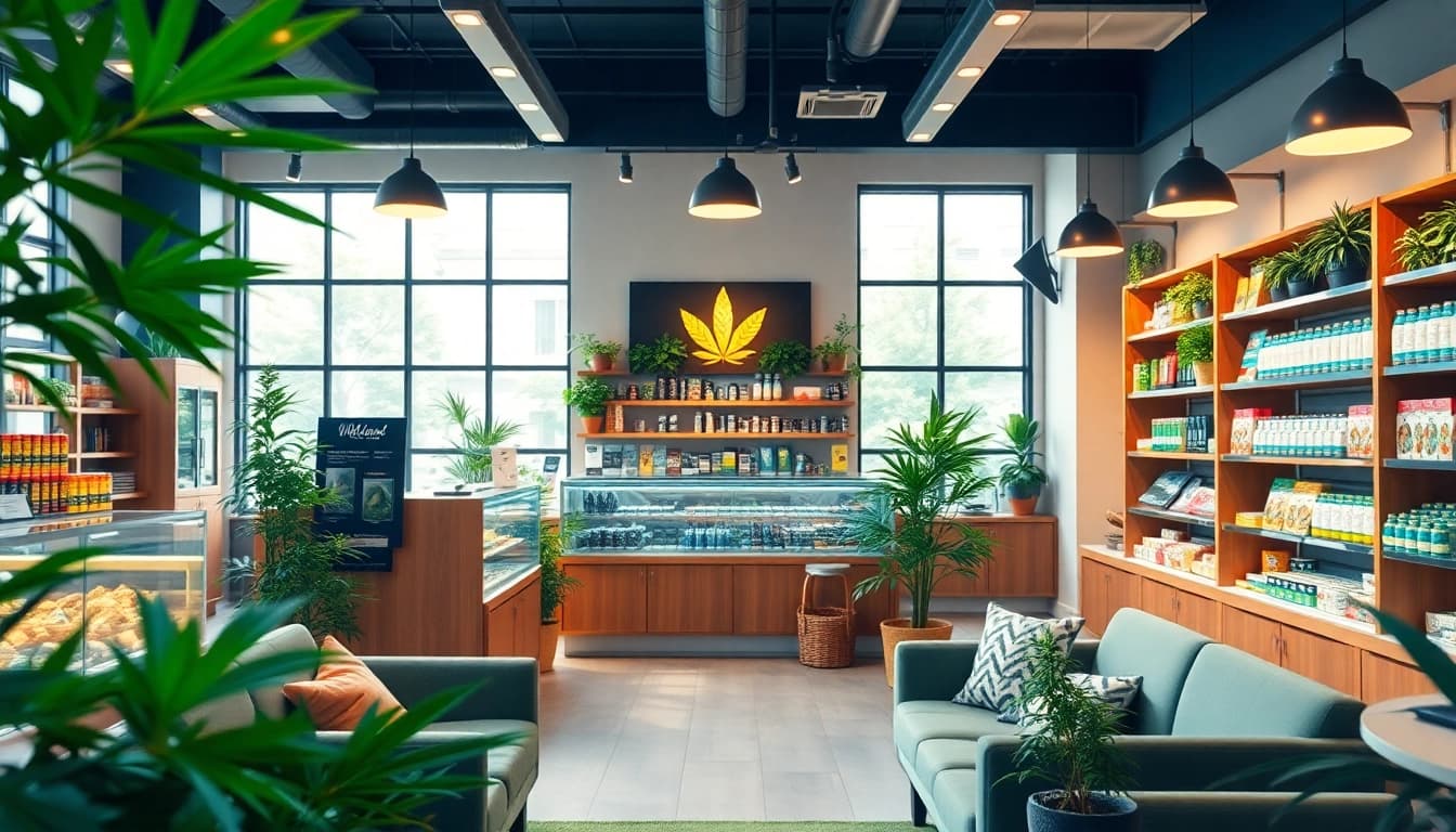 Browse a vibrant Weed Store featuring colorful displays and inviting seating.