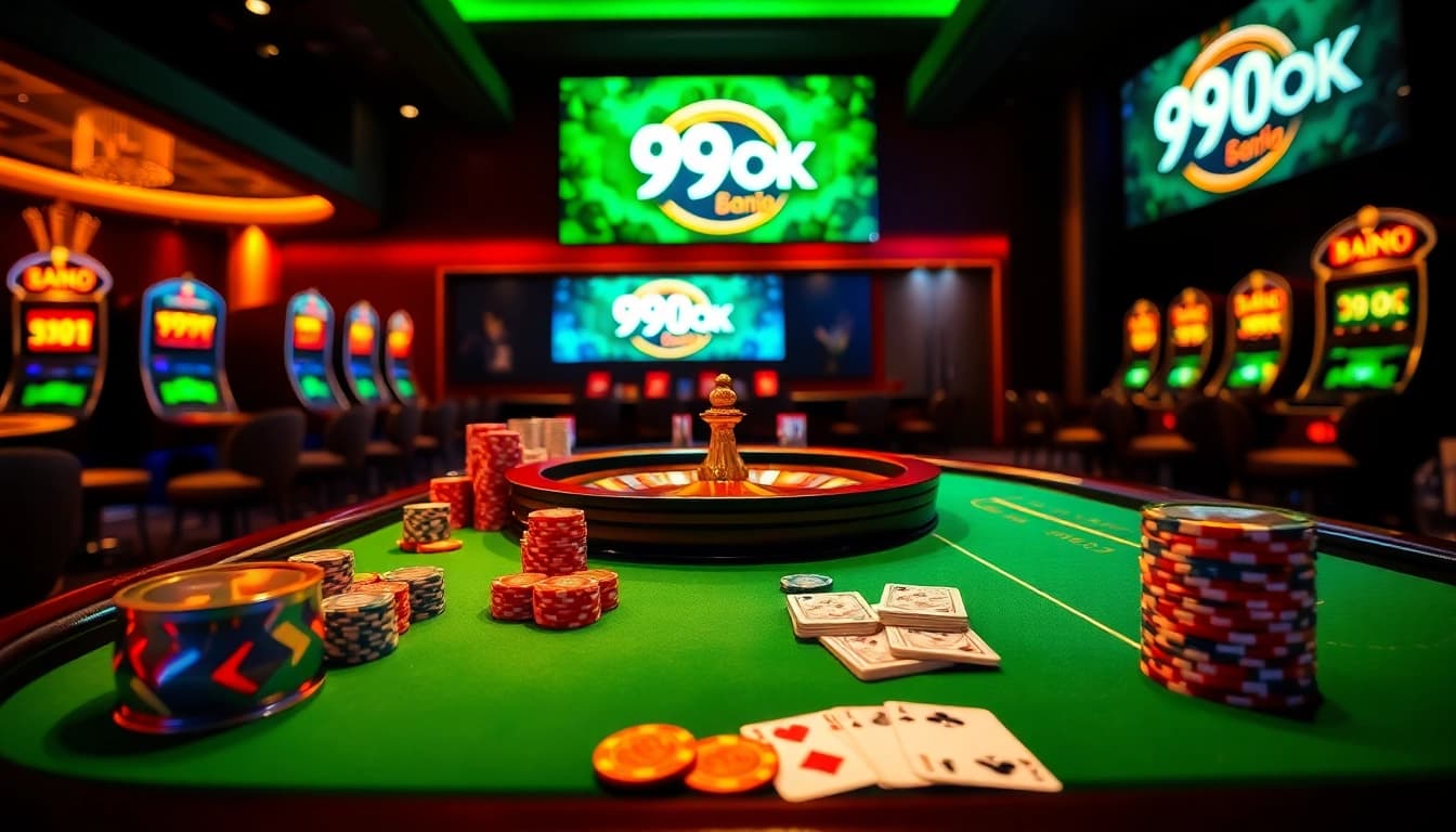 Experience the thrill of winning at 99OK’s sophisticated casino table featuring poker chips and cards.