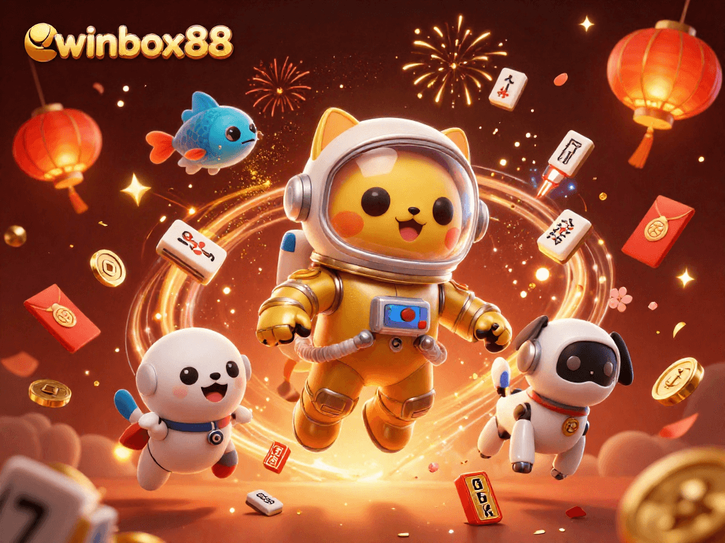 Experience thrilling moments at winbox88 with a cat astronaut, robot dog, and festive gaming elements.