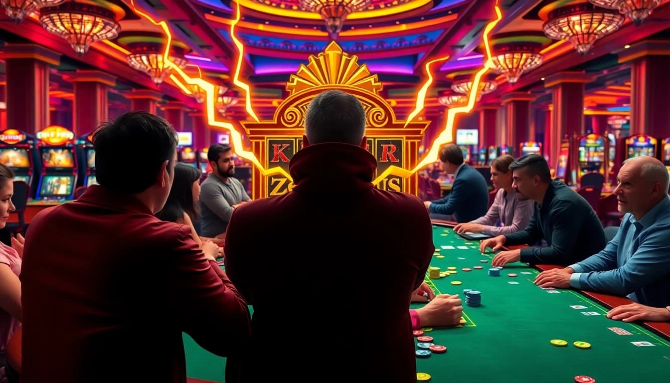 Players enjoying the thrilling Zeus slot experience at a vibrant casino.