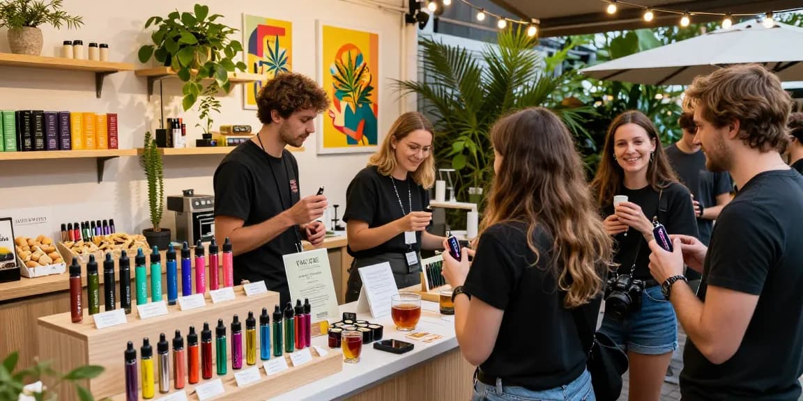 Engaged consumers exploring thc vape europe products at a stylish cannabis pop-up shop.