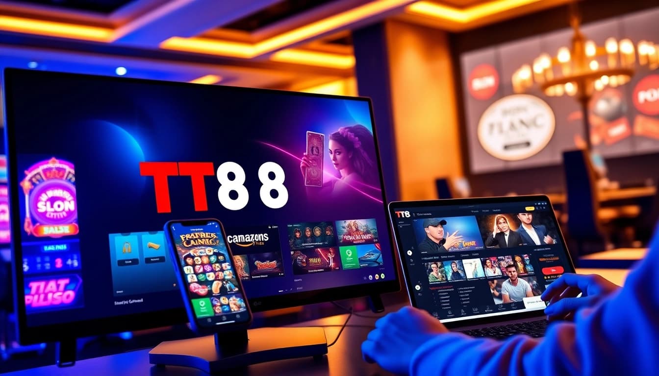 TT88 online gaming interface showcasing vibrant casino games and mobile app interaction.