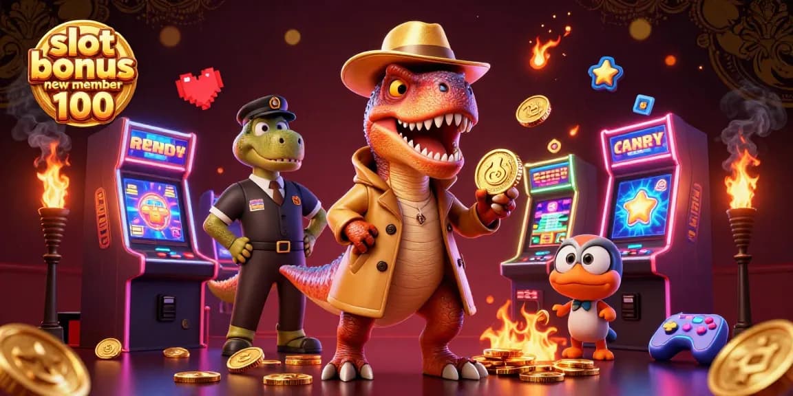 Slot bonus anggota baru 100 memperlihatkan velociraptor dan pit boss dinosaurus di mesin slot.