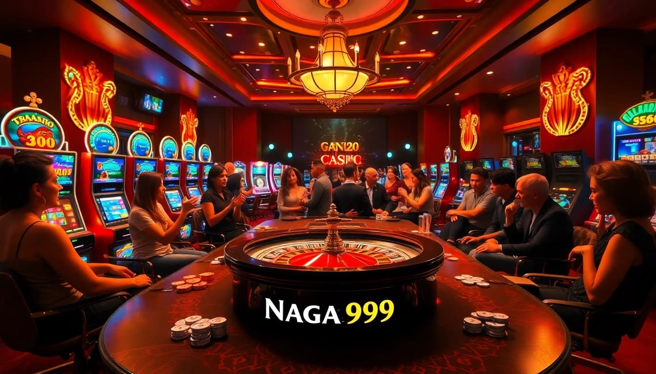 Naga99 showcases players winning big at a vibrant casino table with roulette and slot machines.