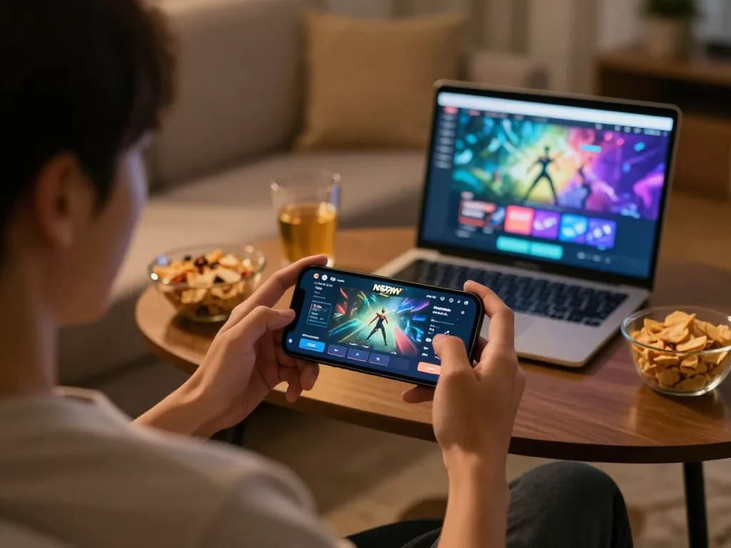 Engaging with NSFW games APK on smartphone while enjoying cozy home atmosphere.